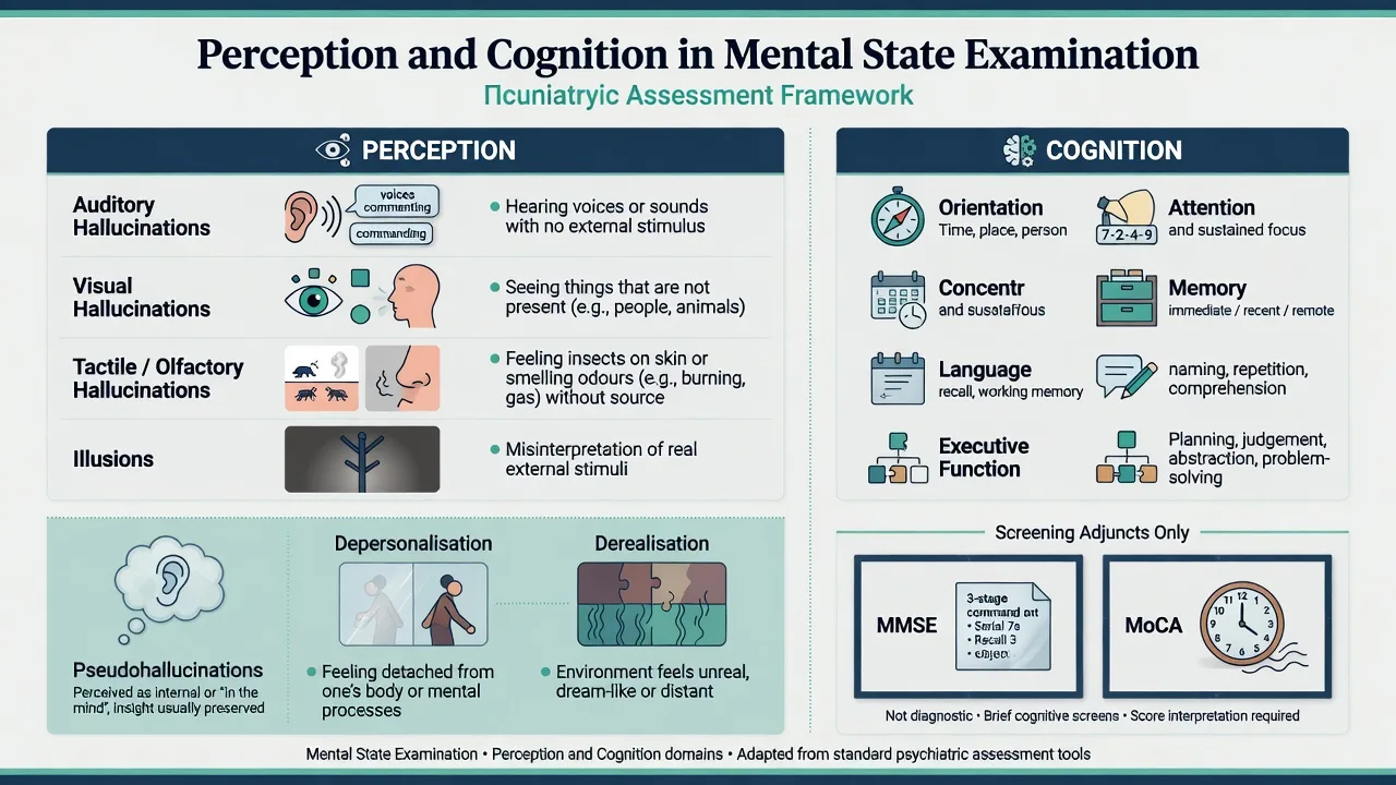 Infographic of perception modalities including hallucinations and illusions alongside cognition domains orientation attention memory language executive function with MMSE and MoCA as screening adjuncts