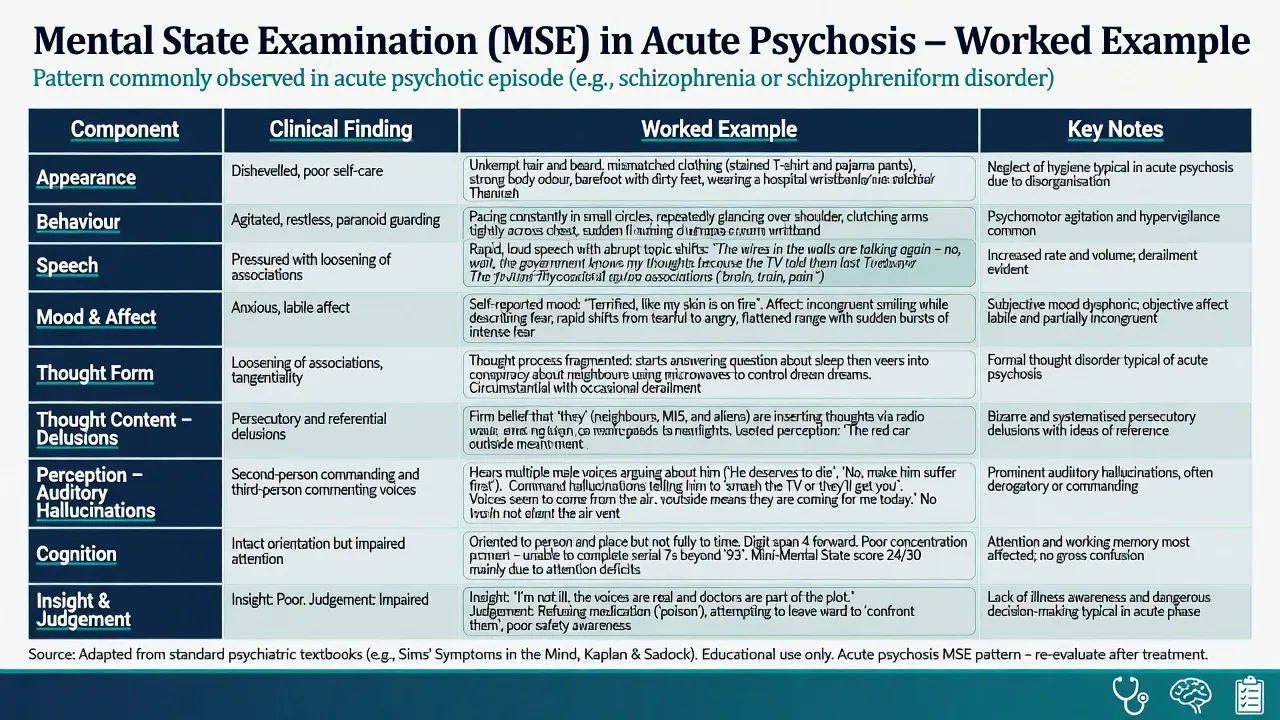 Worked example table of mental state examination findings typical of acute psychosis across appearance behaviour speech mood affect thought perception cognition insight and judgement