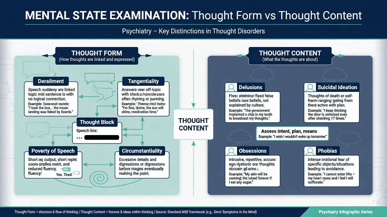 Split panel infographic contrasting thought form descriptors such as derailment and flight of ideas with thought content themes such as delusions and suicidal ideation