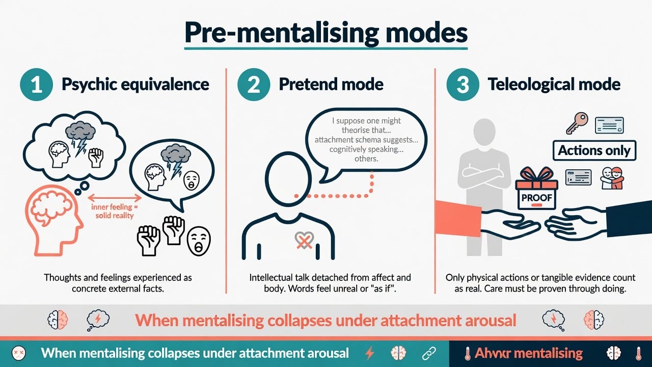 Three pre-mentalising modes: psychic equivalence, pretend mode, and teleological mode