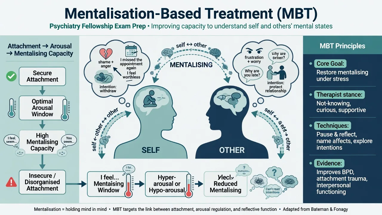Educational poster of mentalisation-based treatment showing self-other mentalising between two figures