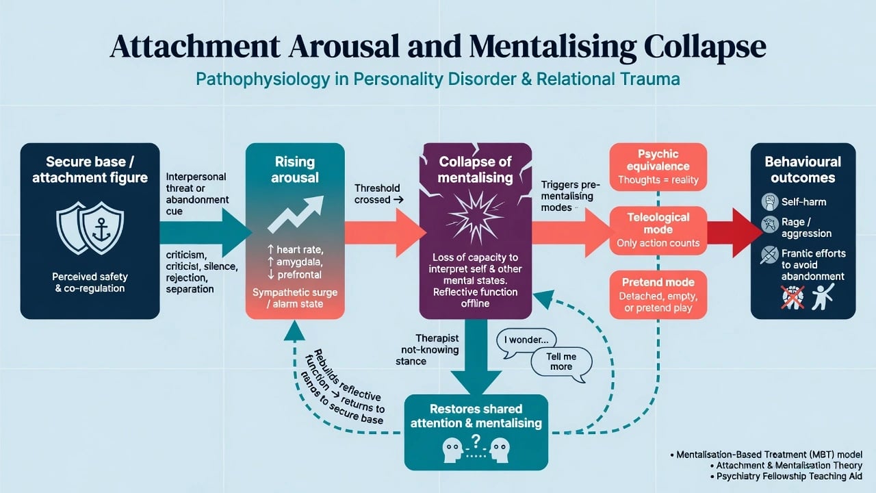 Flow from attachment threat through arousal to mentalising collapse and crisis behaviours