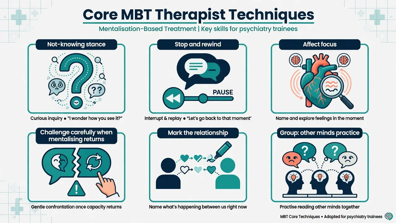 Core MBT therapist techniques including not-knowing stance and stop-and-rewind