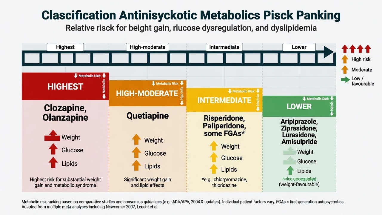 Four-tier ranking of antipsychotics by metabolic risk from clozapine olanzapine highest to aripiprazole ziprasidone lurasidone lower