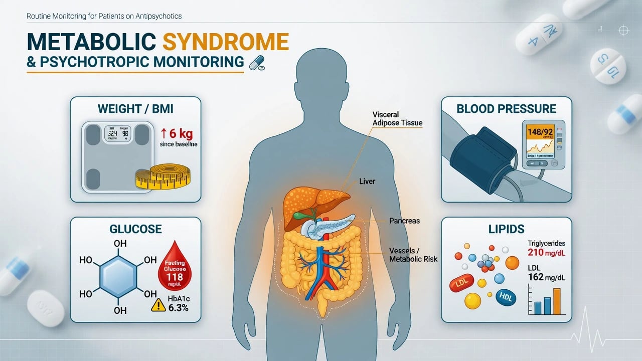 Educational overview of metabolic syndrome monitoring domains: weight BMI waist, blood pressure, glucose and lipids around central visceral risk