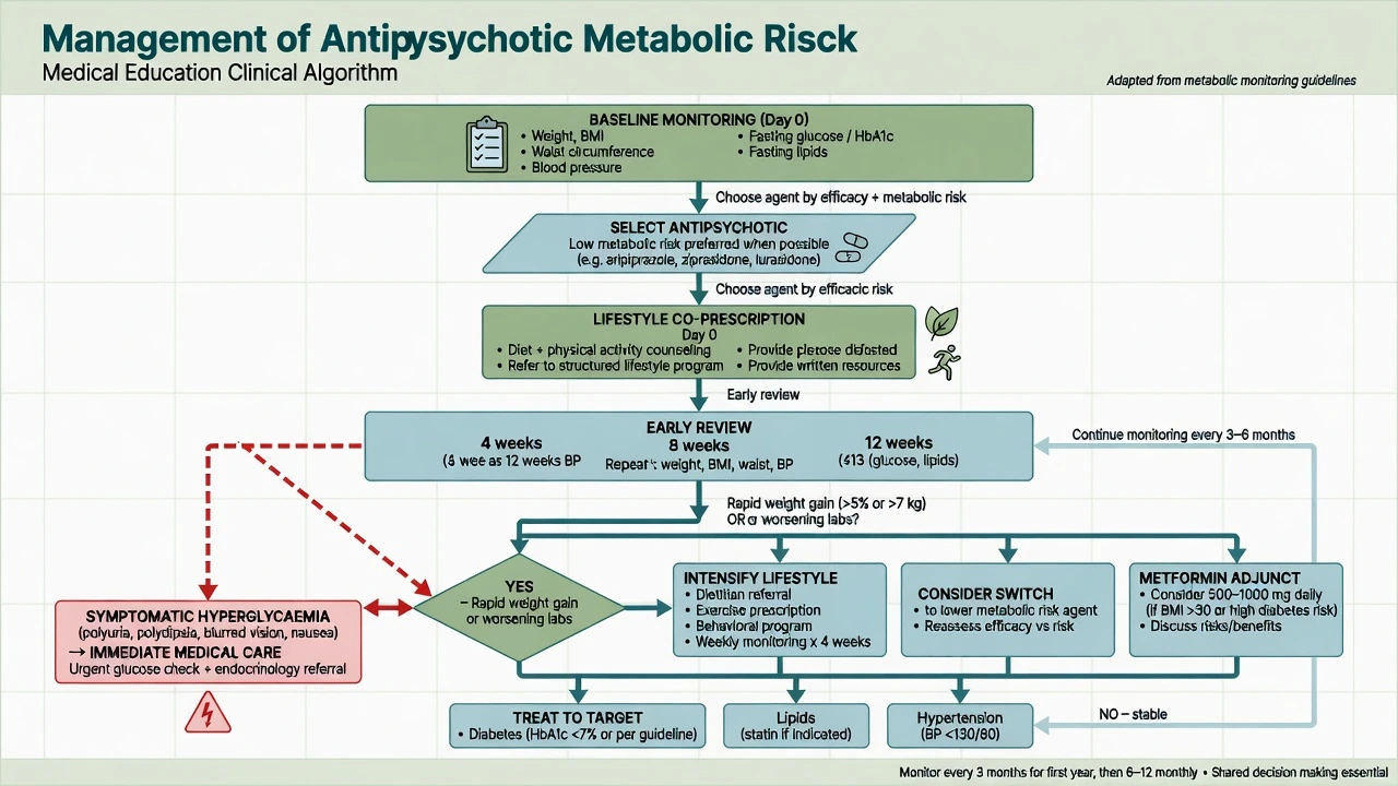 Clinical algorithm from baseline monitoring and agent choice through early review to lifestyle switch metformin and treat-to-target branches