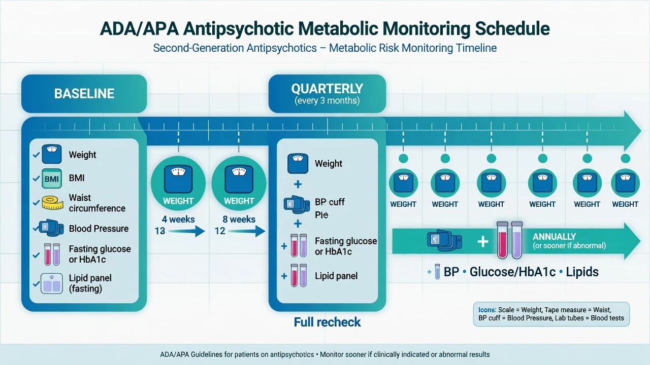 ADA APA style timeline: baseline package, weight at 4 and 8 weeks, fuller recheck, quarterly weight and annual labs