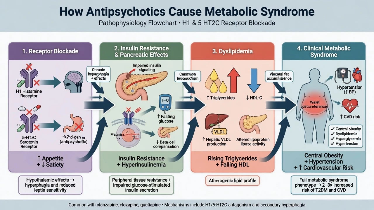 Four-panel cascade from H1 and 5-HT2C blockade through insulin resistance and dyslipidaemia to clinical metabolic syndrome