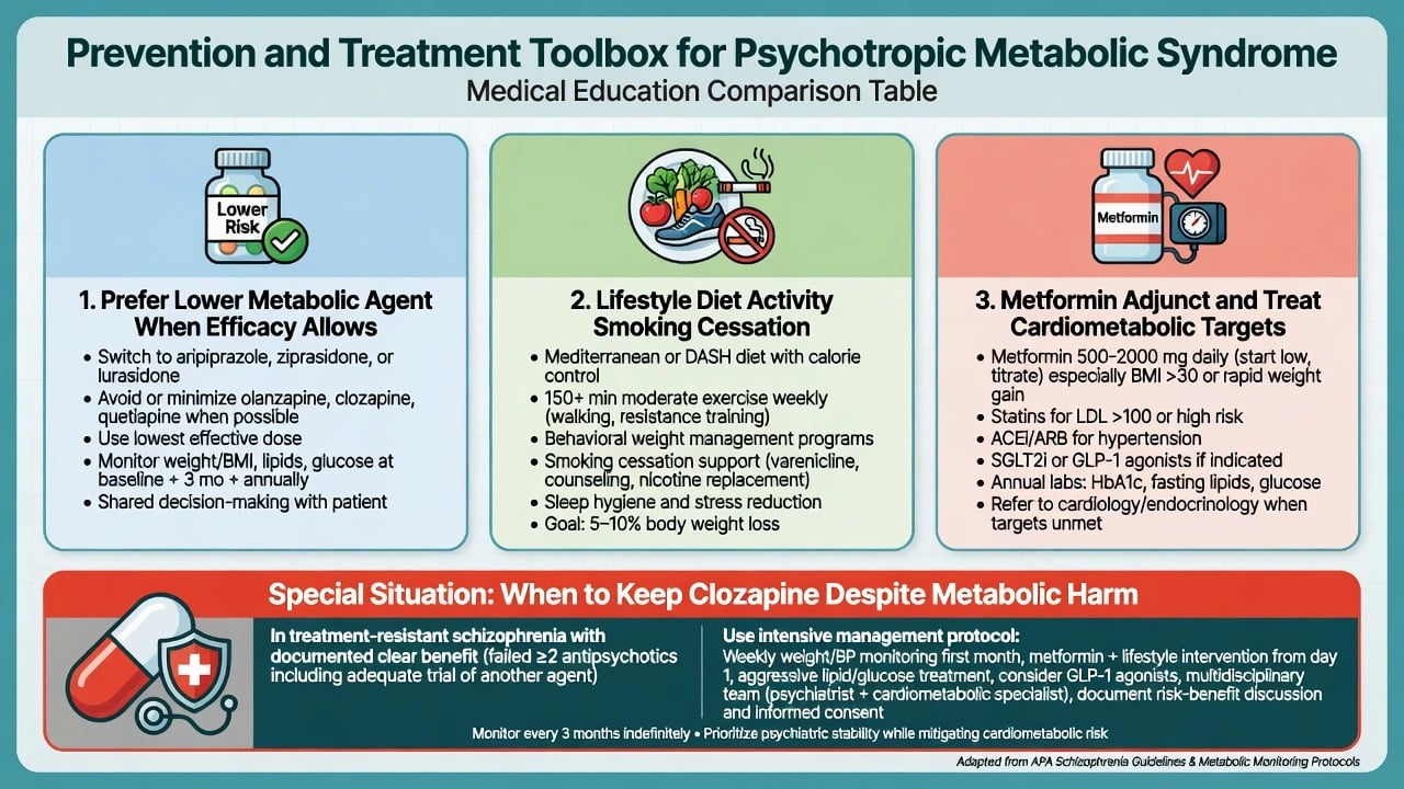 Three-column toolbox: prefer lower metabolic agent, lifestyle interventions, metformin and treat-to-target cardiometabolic care with clozapine special case