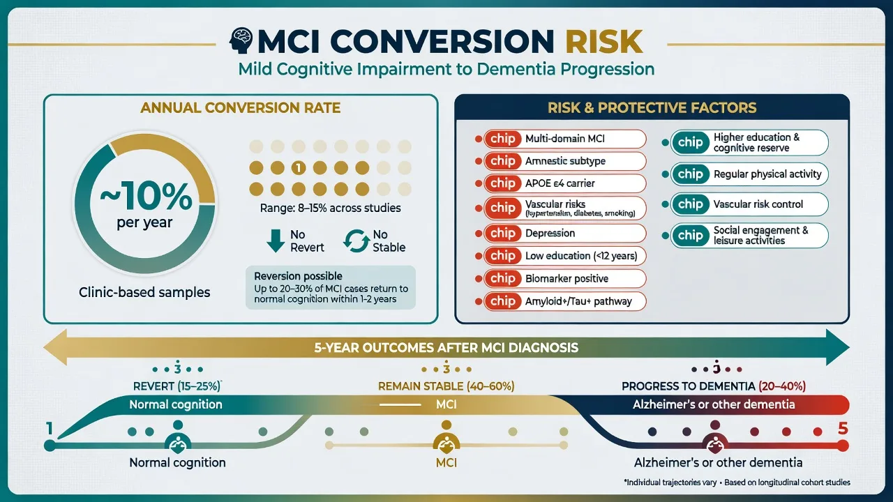Infographic of annual conversion risk, risk and protective factors, and heterogeneous five-year trajectories after MCI