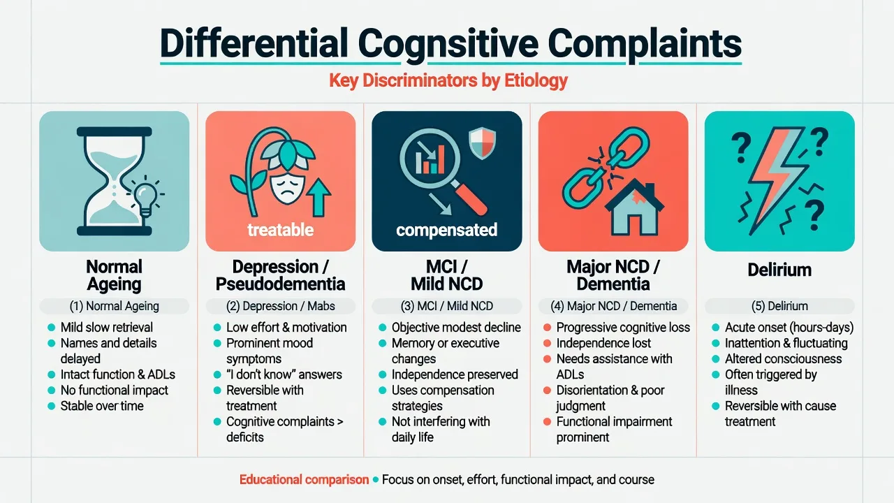 Five-column differential of normal ageing, depression, MCI, major NCD, and delirium