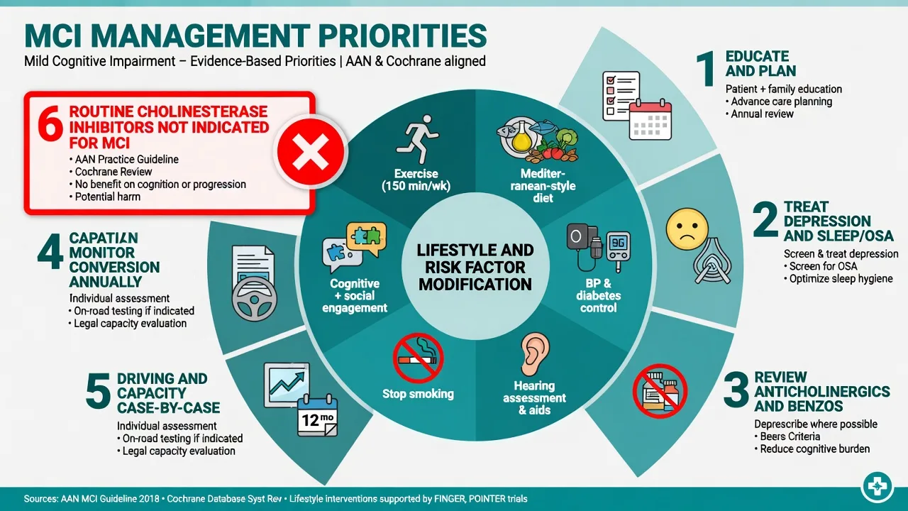 Circular management diagram prioritising lifestyle and risk factor modification with caution against routine cholinesterase inhibitors