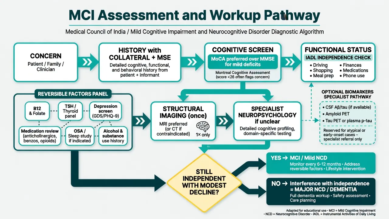 Flowchart of MCI assessment from concern through reversible factors imaging and independence decision