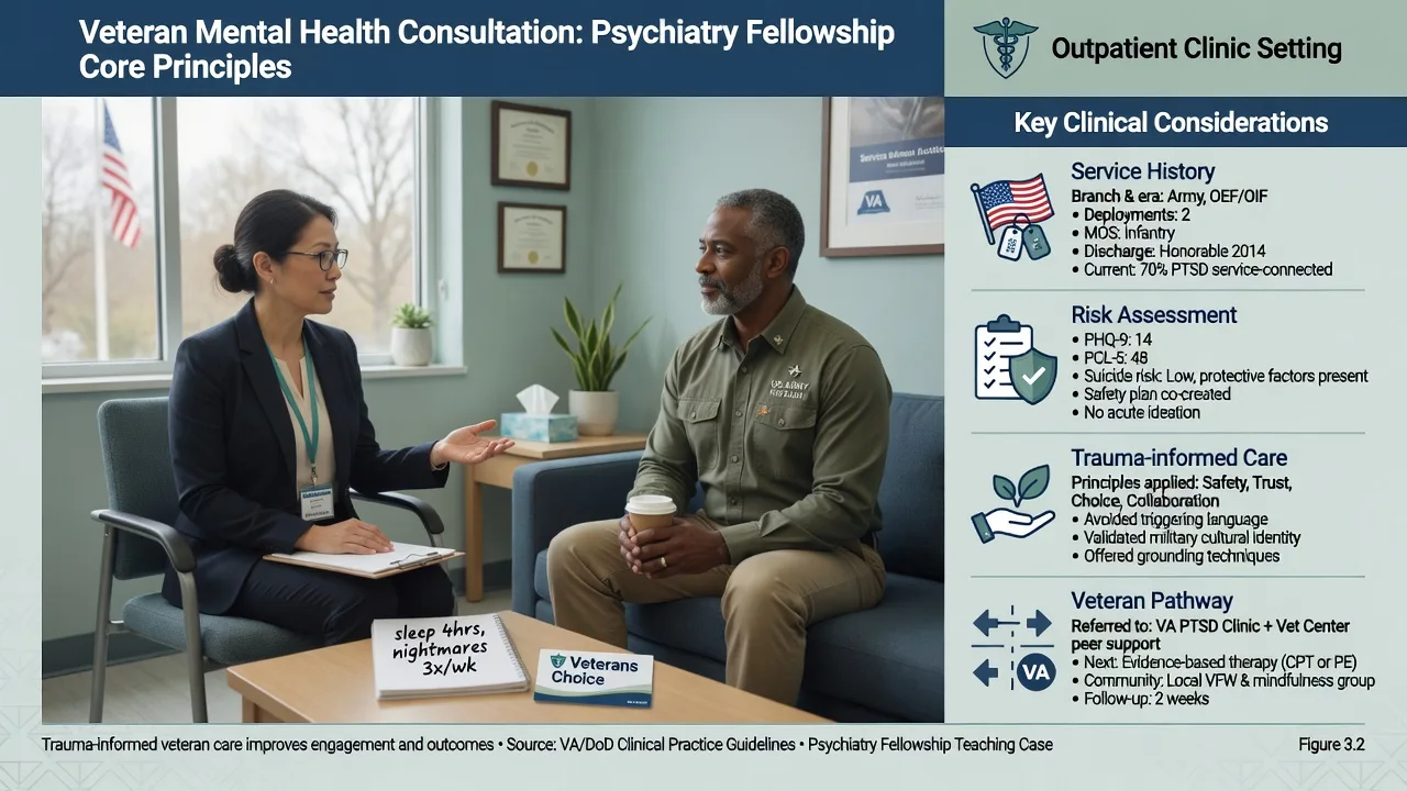 Psychiatrist consulting with a veteran in a calm outpatient clinic with service history and risk panels