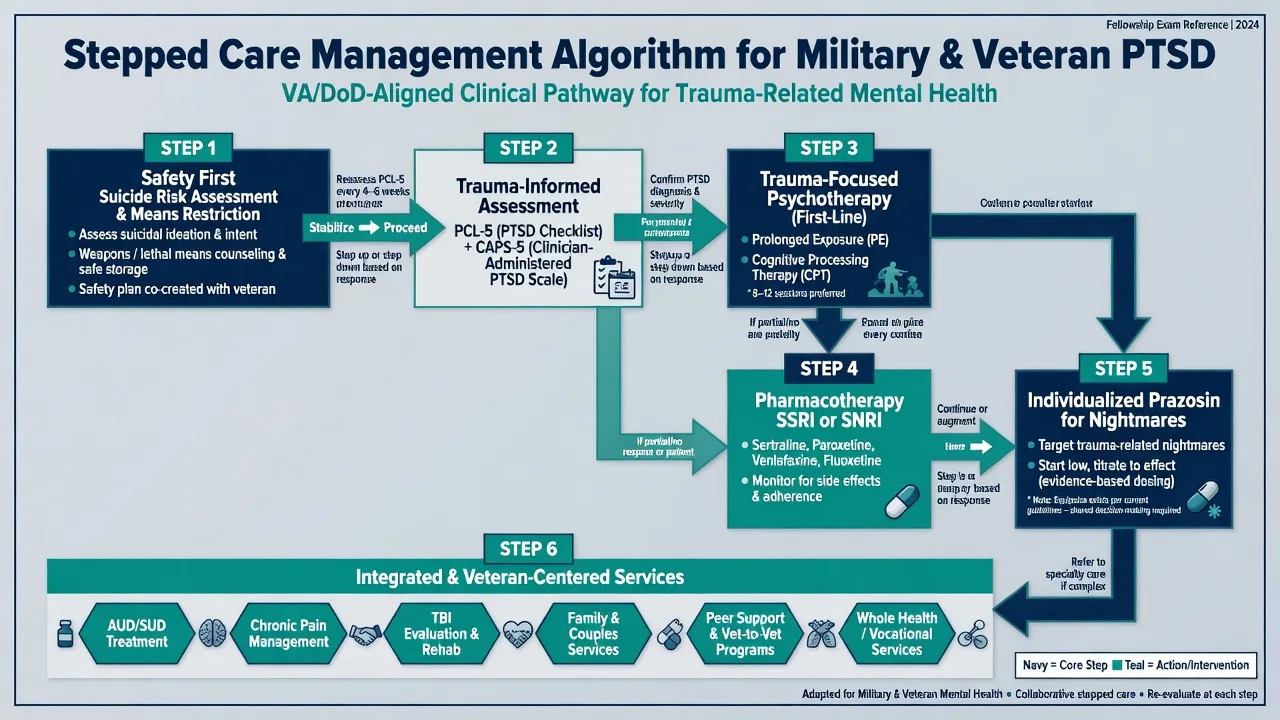 Stepped care algorithm: safety, trauma-informed assessment, PE CPT psychotherapy, SSRI SNRI, individualised prazosin, integrated veteran services