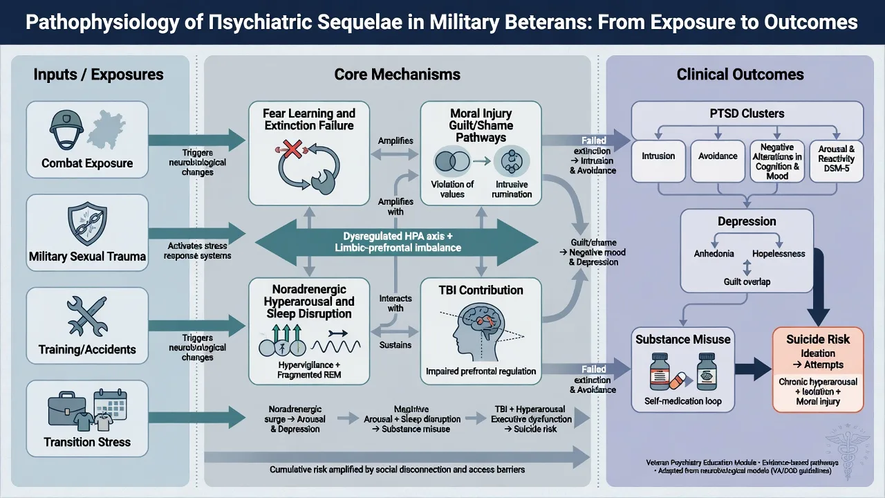Pathway from combat MST training and transition exposures through fear learning moral injury noradrenergic and TBI mechanisms to PTSD depression substance use and suicide risk