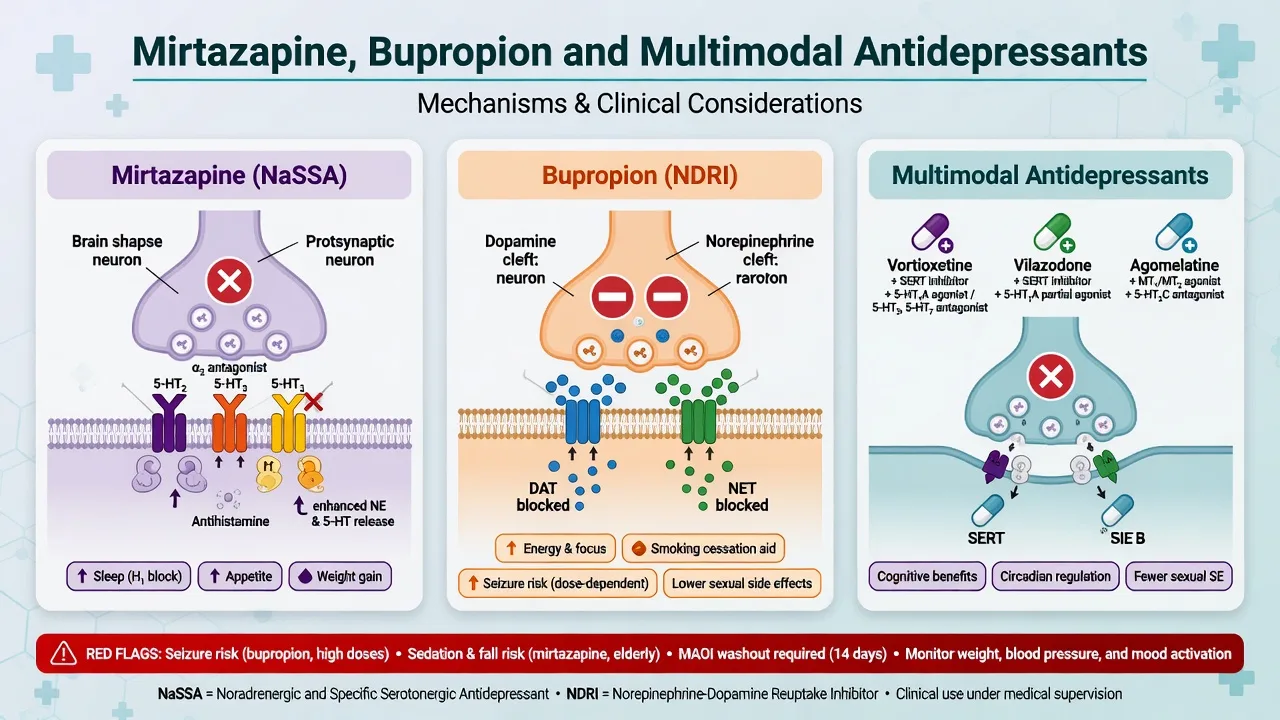 Educational class map of mirtazapine NaSSA, bupropion NDRI and multimodal antidepressants