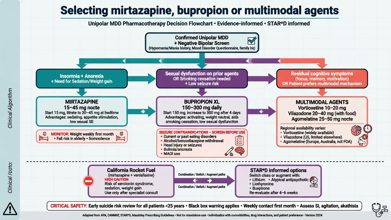 Algorithm for choosing mirtazapine bupropion or multimodal agents with safety checks