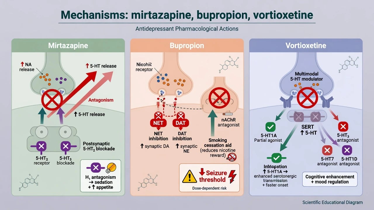 Mechanism panels for mirtazapine alpha-2 blockade, bupropion NET DAT, and vortioxetine multimodal receptors