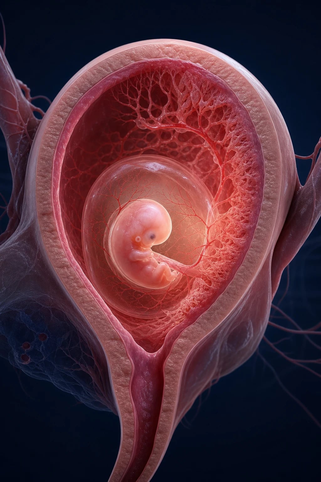 Cinematic 3D anatomical illustration of an early intrauterine pregnancy surrounded by delicate tissue, on a deep navy background