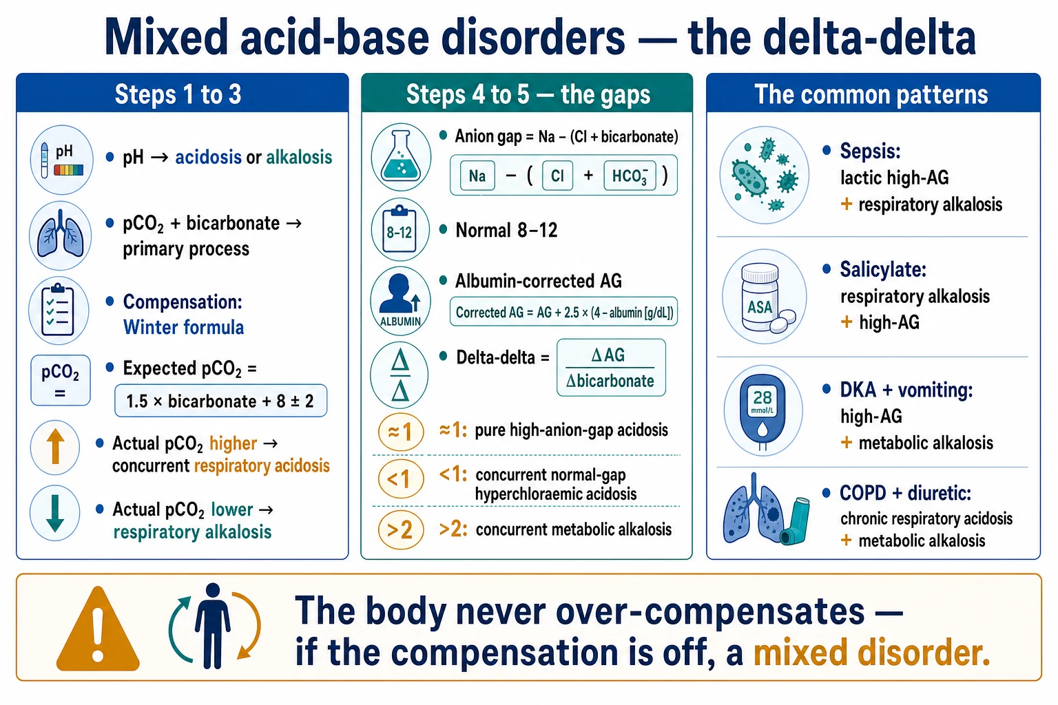 Three-panel infographic on a white clinical-blue background: LEFT steps 1-3 (pH to acidosis/alkalosis; pCO2/bicarbonate to primary; compensation Winter formula expected pCO2 equals 1.5 times bicarbonate plus 8 plus-or-minus 2, if actual higher then concurrent respiratory acidosis, if lower then respiratory alkalosis); CENTRE steps 4-5 the gaps (anion gap equals Na minus (Cl plus bicarbonate) 8 to 12 albumin-corrected; delta-delta ratio of delta AG to delta bicarbonate: about 1 pure high-AG, under 1 concurrent normal-gap hyperchloraemic acidosis, over 2 concurrent metabolic alkalosis); RIGHT common patterns (sepsis lactic high-AG plus respiratory alkalosis; salicylate respiratory alkalosis plus high-AG; DKA plus vomiting high-AG plus metabolic alkalosis; COPD plus diuretic chronic respiratory acidosis plus metabolic alkalosis). Banner 'The body never over-compensates — if the compensation is off, a mixed disorder'. Flat vector illustration, crisp typography.