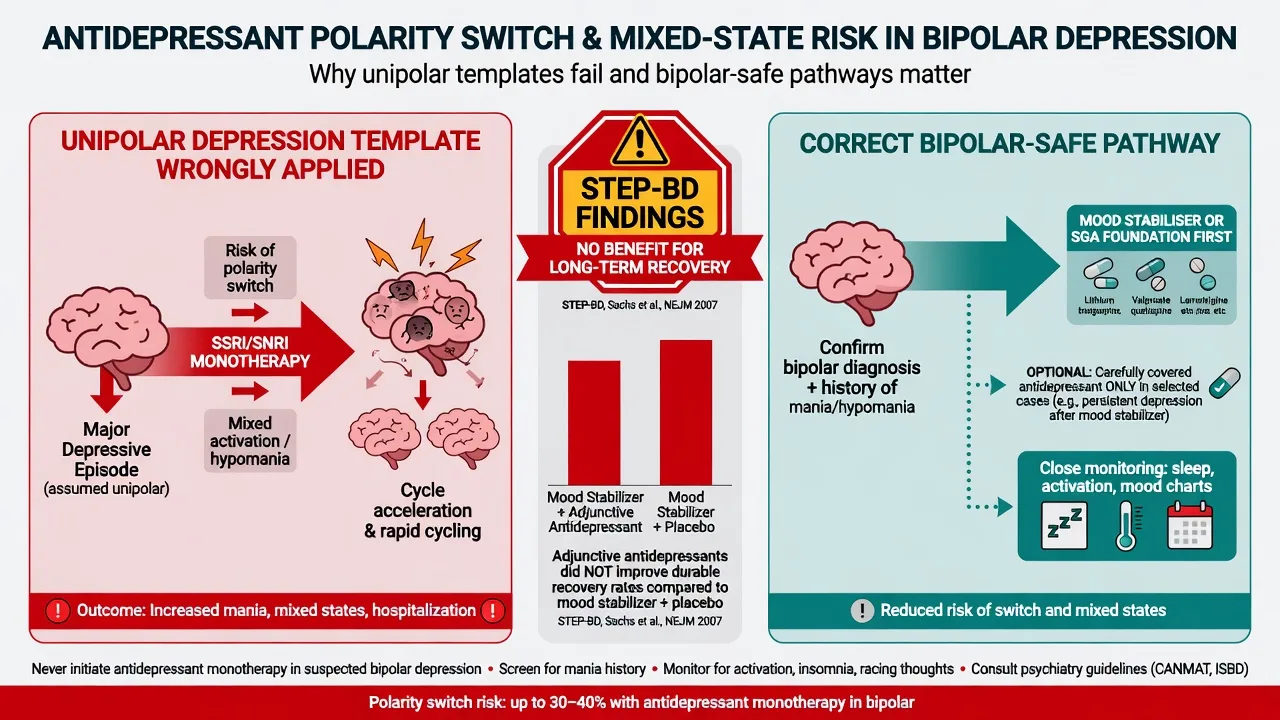 Infographic contrasting unsafe antidepressant monotherapy with bipolar-safe mood stabiliser or SGA foundation pathways