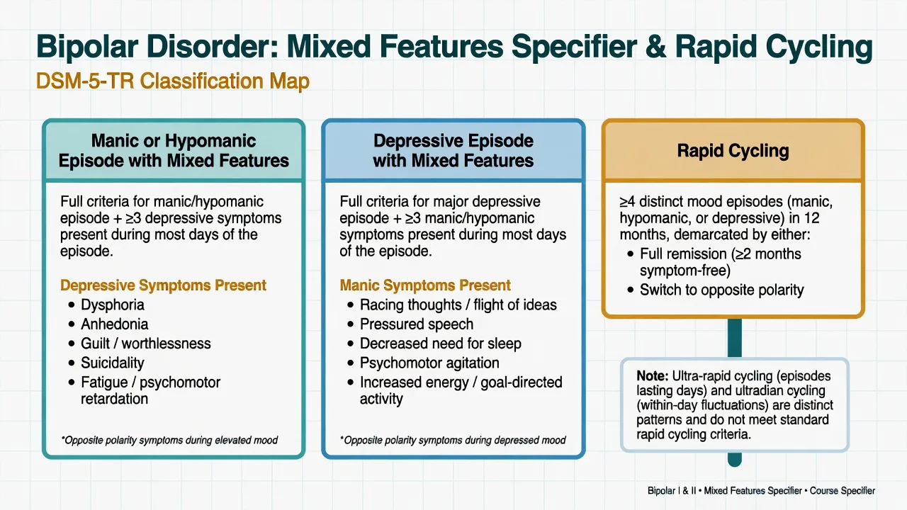 DSM-5-TR classification map of manic or hypomanic episode with mixed features, depressive episode with mixed features, and rapid cycling