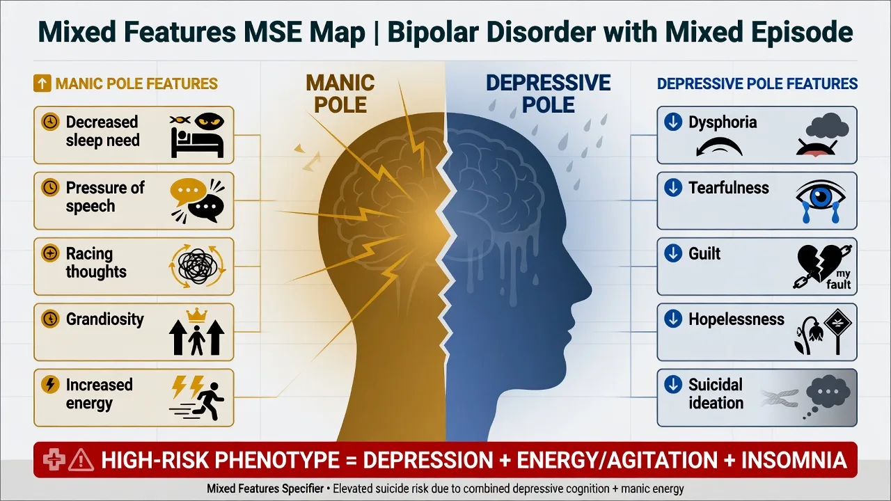 Mixed features MSE map showing manic pole and depressive pole features with high-risk phenotype banner