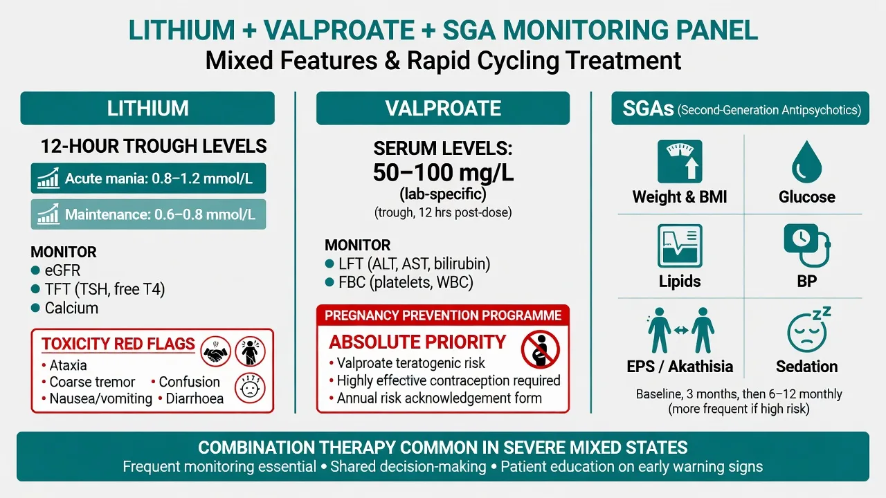 Monitoring panel for lithium, valproate, and second-generation antipsychotics in mixed features and rapid cycling treatment