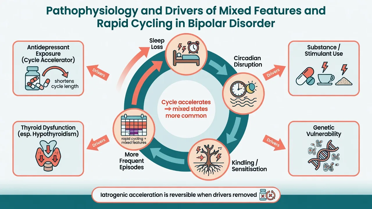 Cycle diagram of sleep loss, circadian disruption, kindling, and drivers of mixed features and rapid cycling including antidepressants and thyroid dysfunction