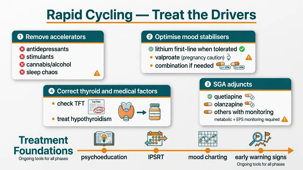 Rapid cycling management board: remove accelerators, optimise mood stabilisers, SGA adjuncts, correct thyroid, and psychosocial foundations