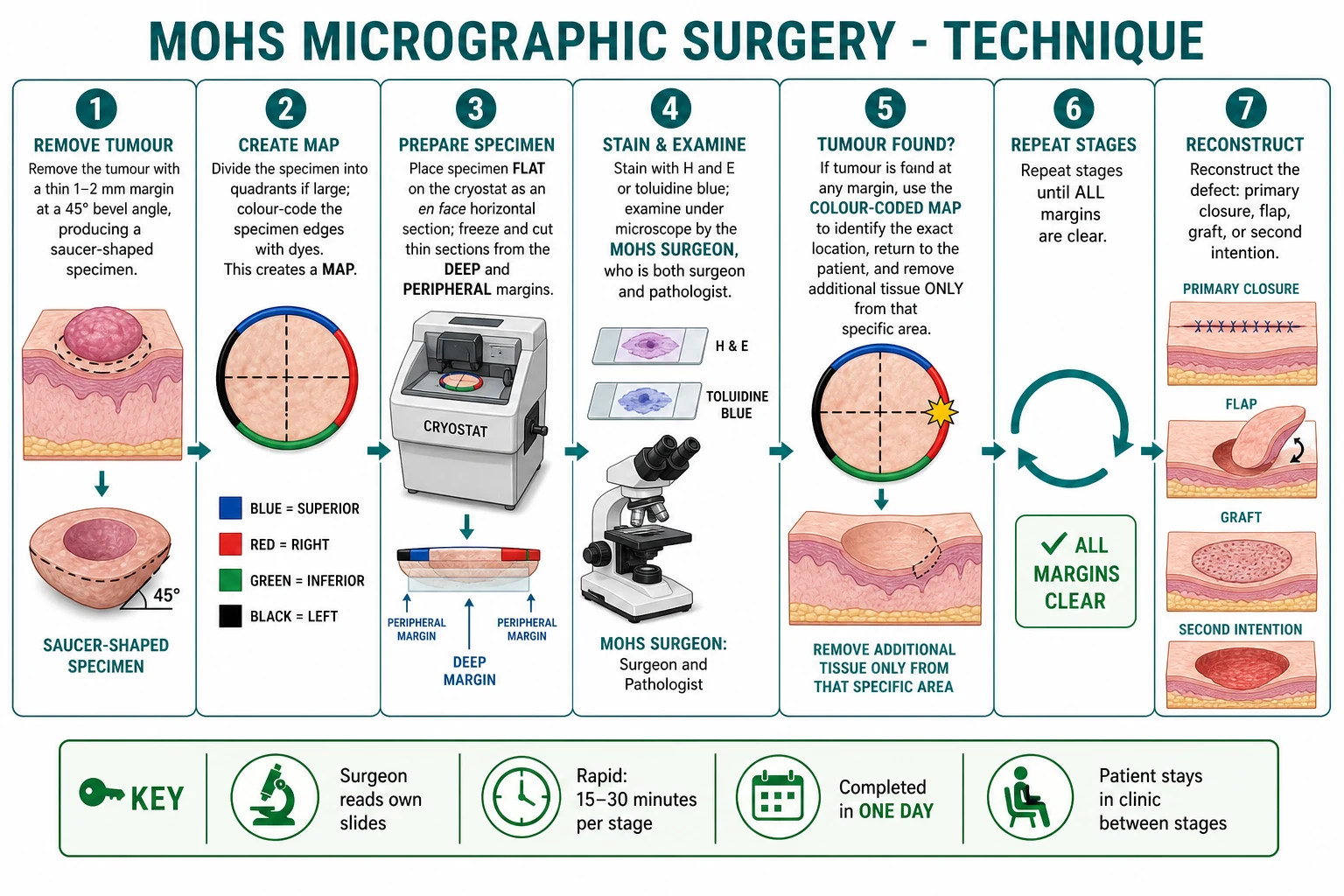 Eight-step Mohs technique: mark and anaesthetise; excise saucerised layer with 45 degree bevel; map and colour-code with dyes and reference notches; orient en face on cryostat and freeze; stain and read own slides; re-excise only positive mapped areas; repeat until clear; reconstruct same day.