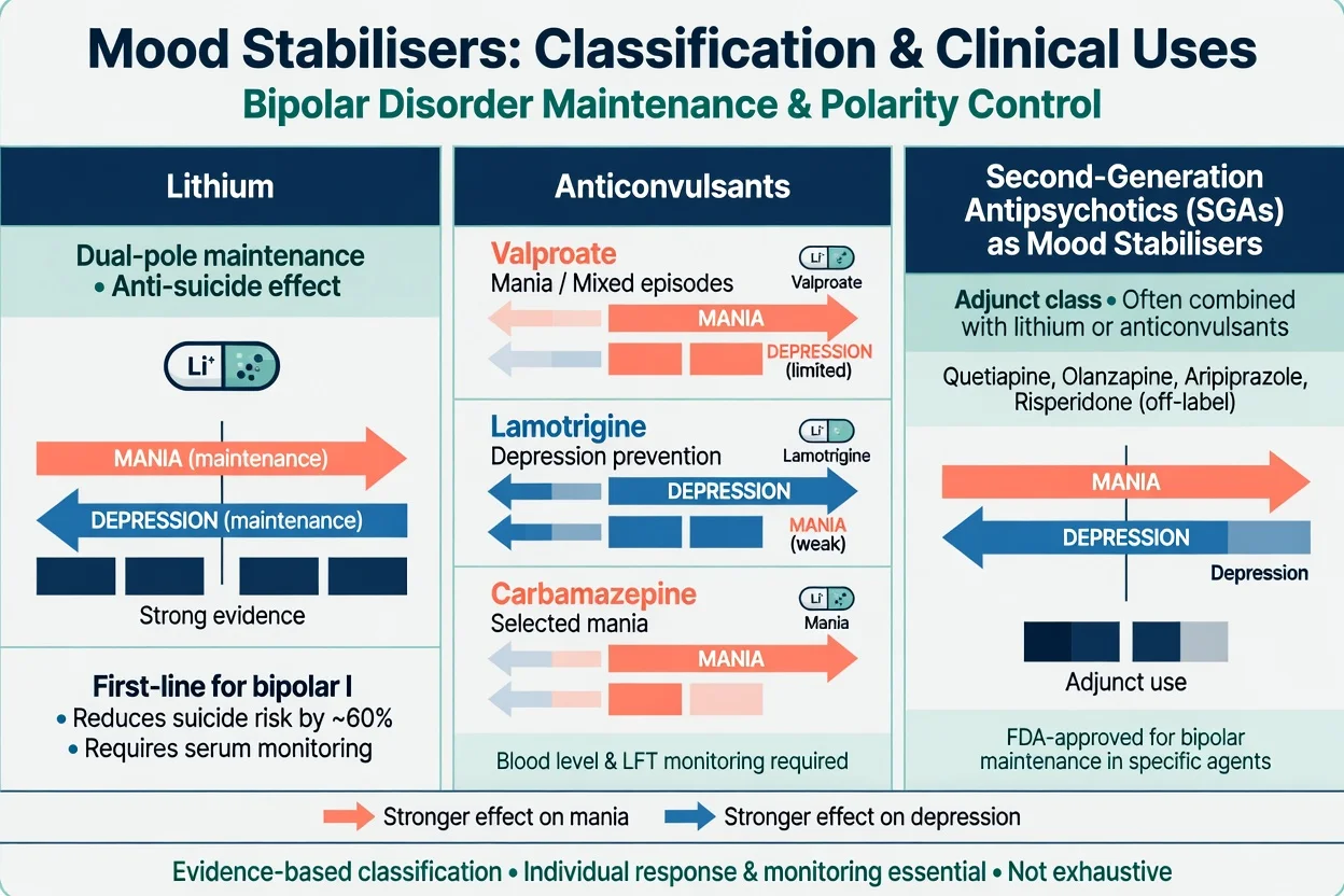 Three-column classification of lithium, anticonvulsant mood stabilisers and SGAs used as mood stabilisers with polarity strength arrows