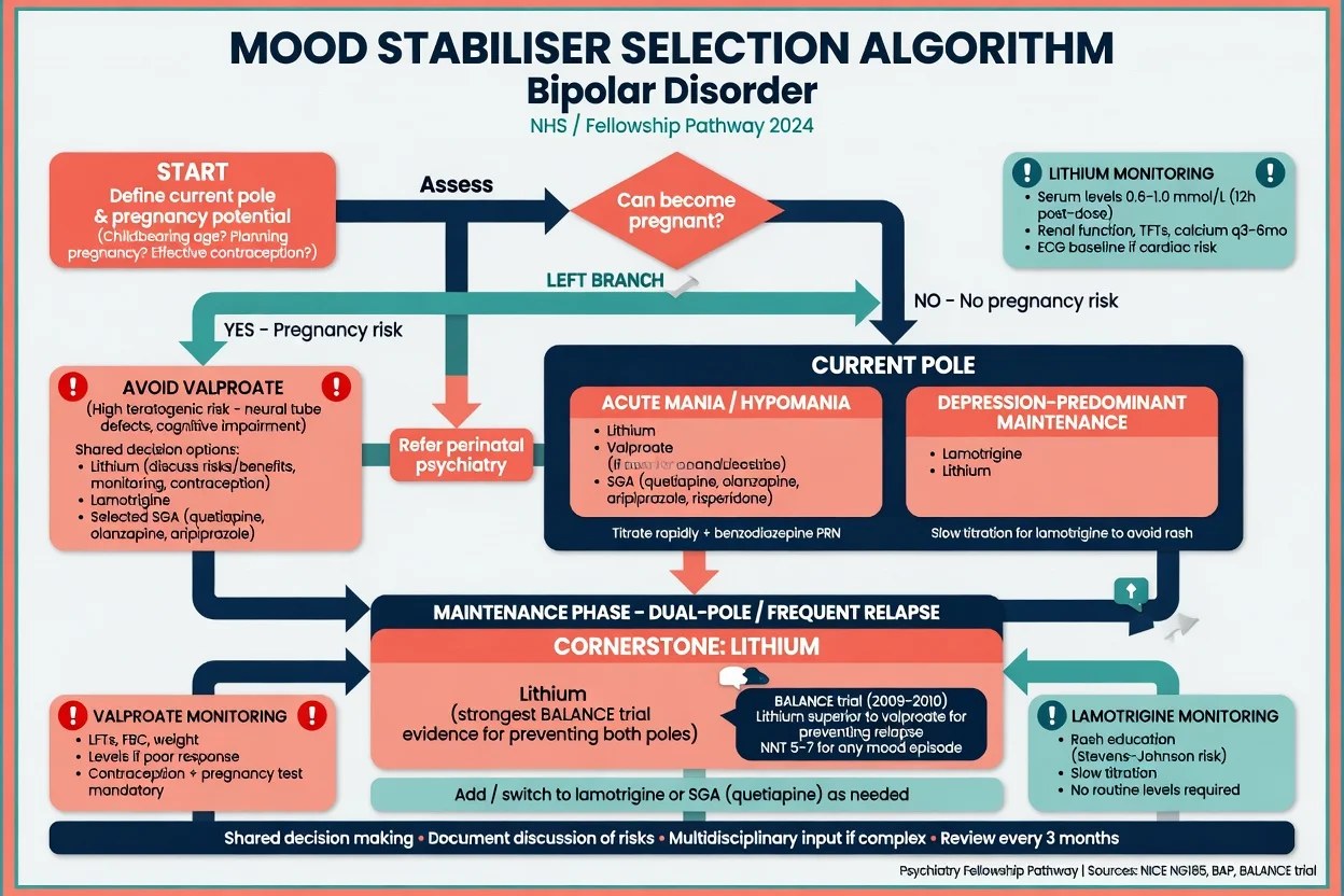 Algorithm for mood stabiliser selection by pregnancy potential and current polarity