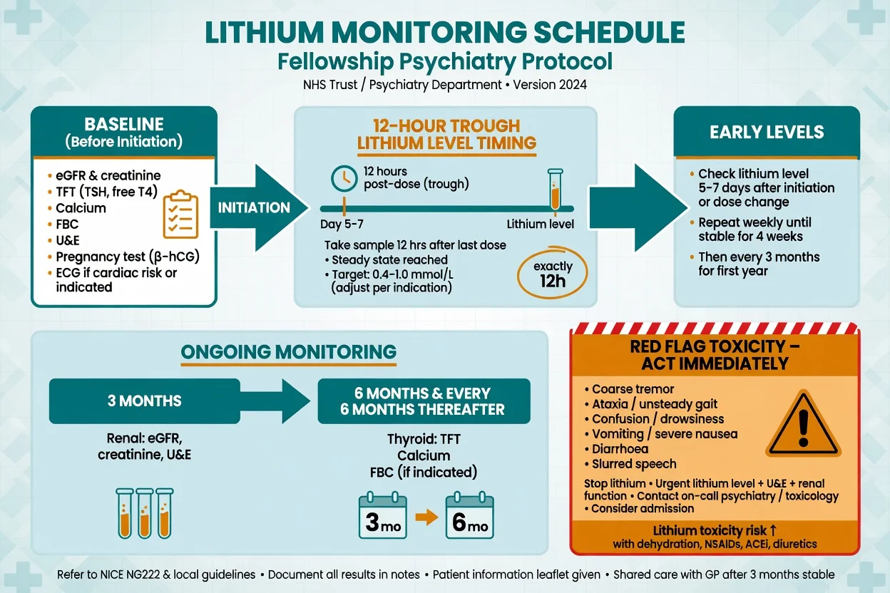 Lithium baseline tests, 12-hour trough timing, early and ongoing monitoring, toxicity red flags