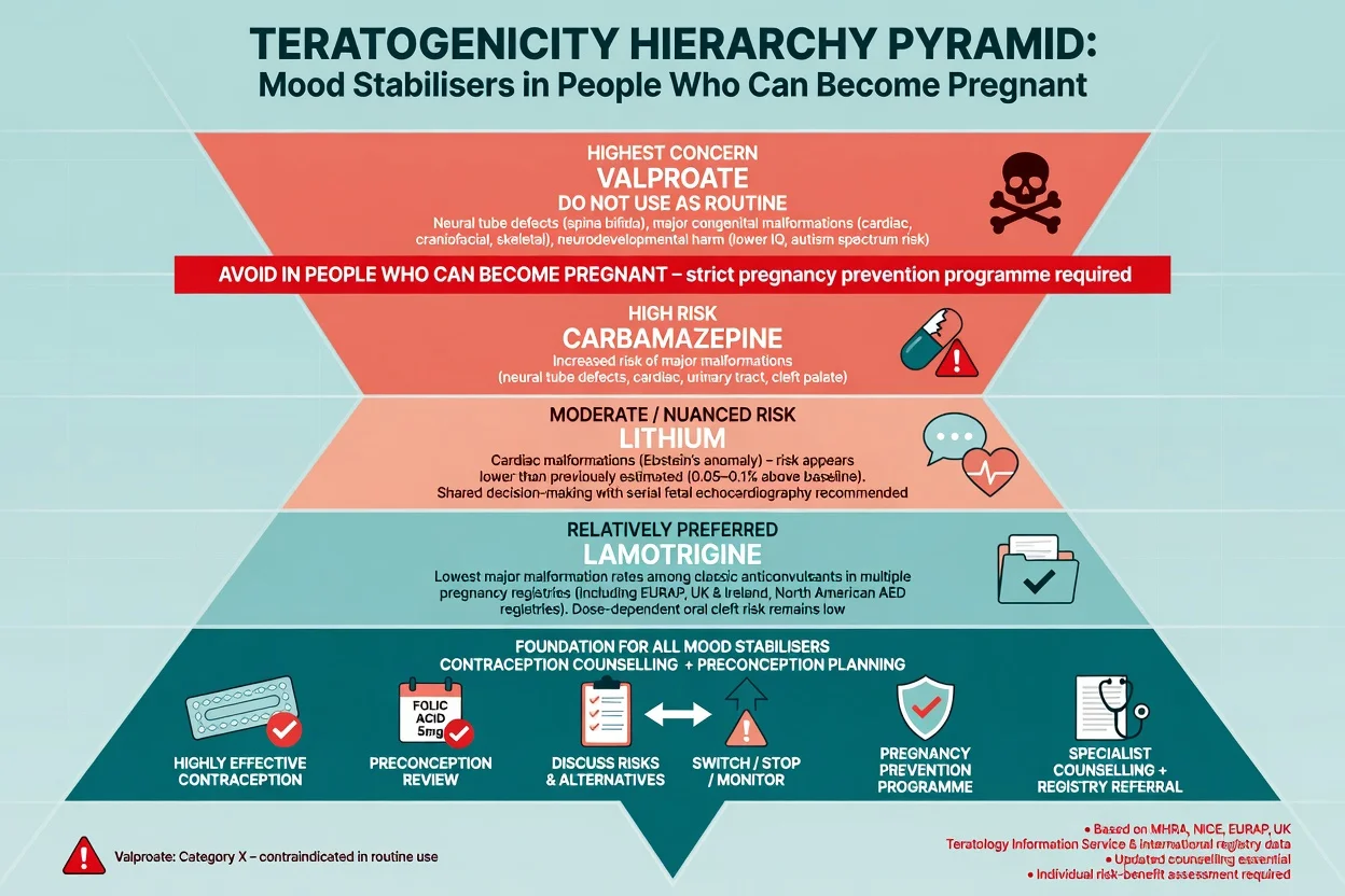 Teratogenicity hierarchy pyramid for valproate, carbamazepine, lithium and lamotrigine with contraception foundation