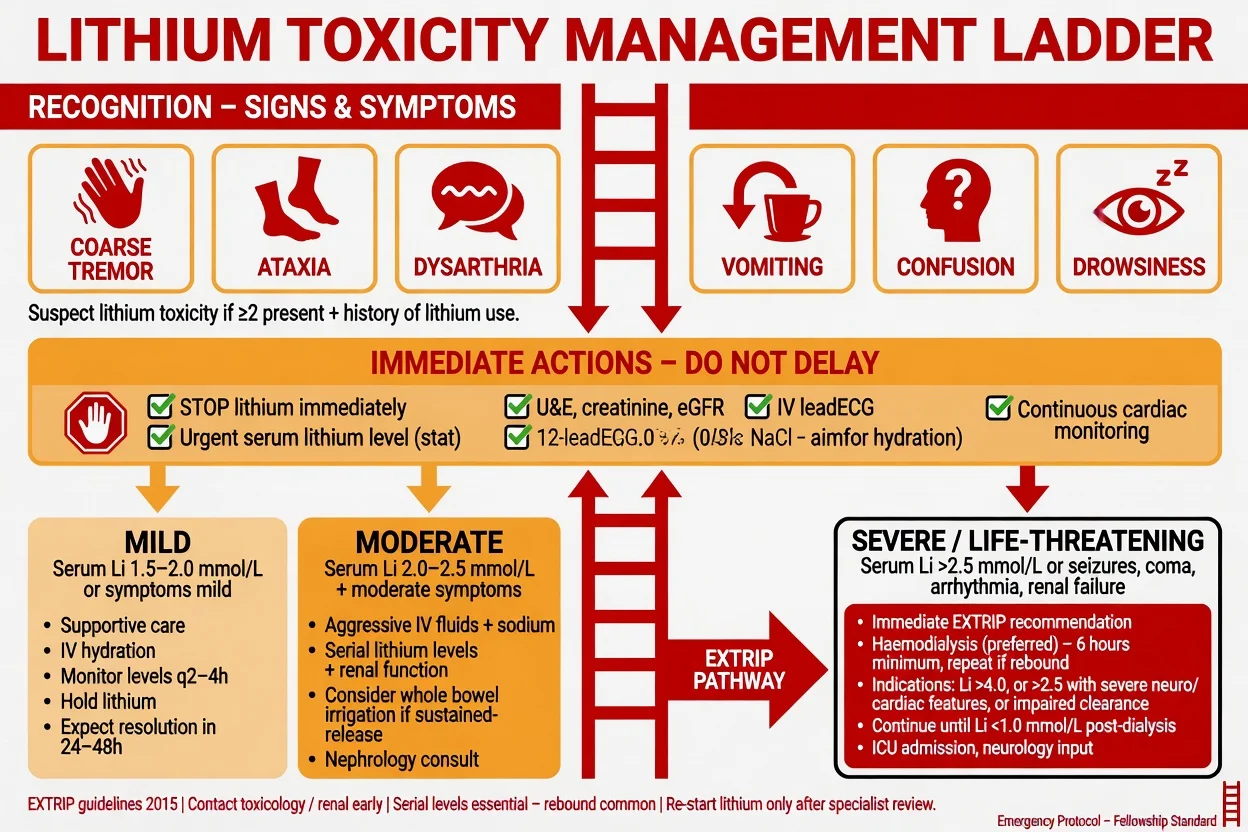 Lithium toxicity recognition symptoms and management ladder including EXTRIP pathway