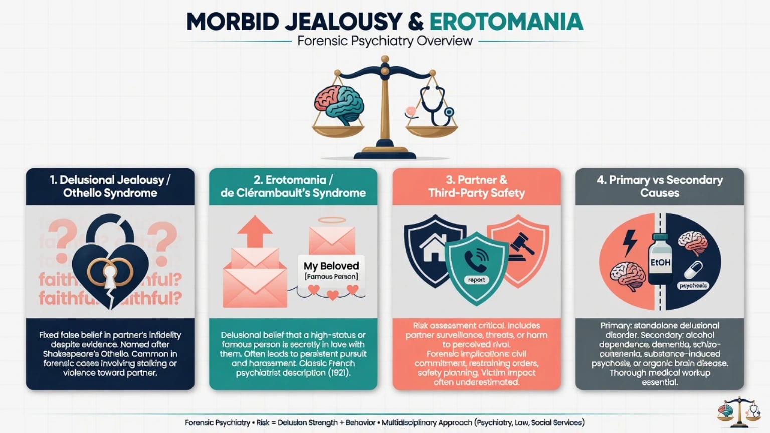 Forensic overview of morbid jealousy and erotomania with four pillars: delusional jealousy, erotomania, partner safety, and primary versus secondary causes