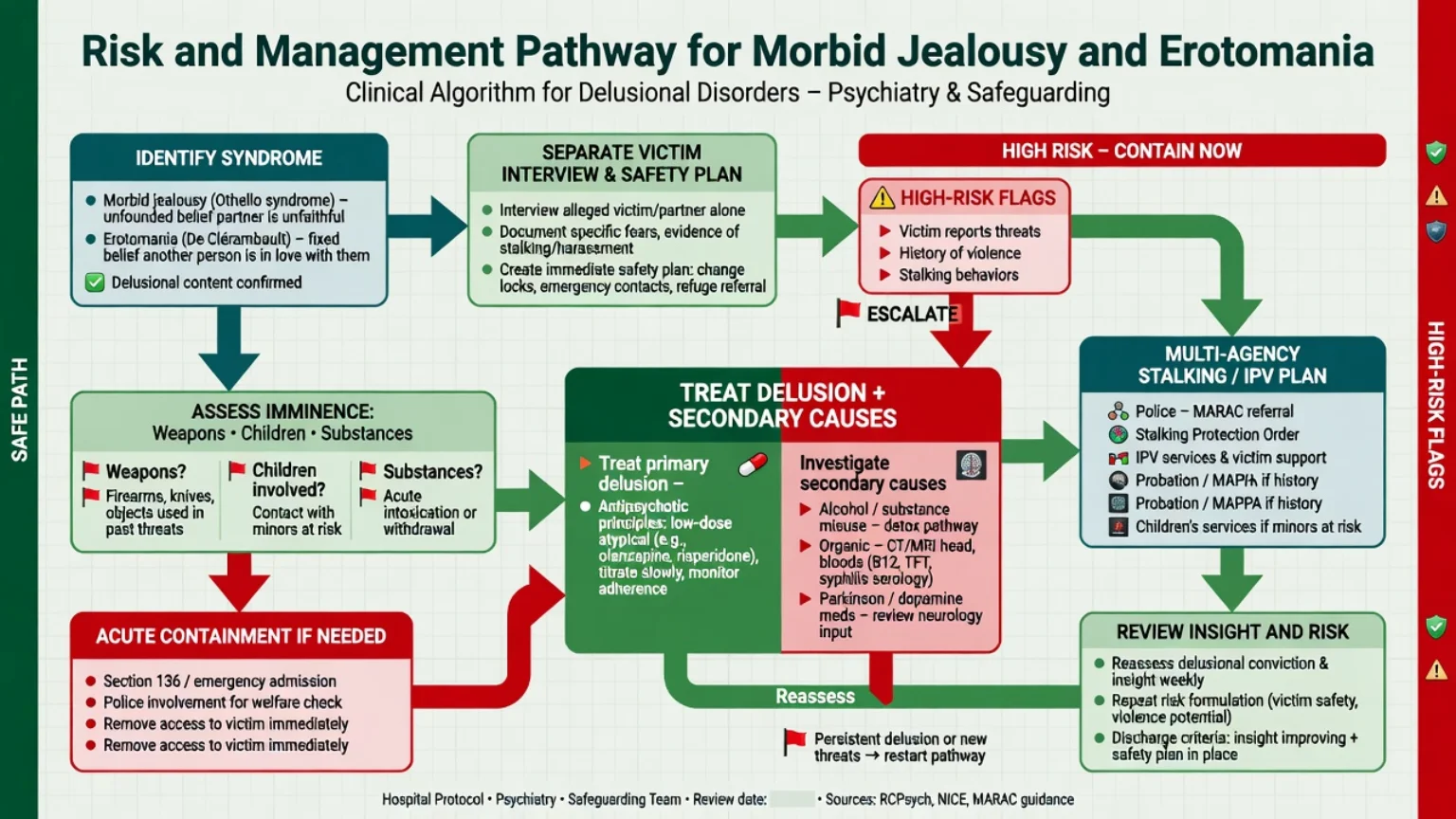 Management algorithm: identify syndrome, victim safety plan, assess imminence, contain if needed, treat delusion and secondary causes, multi-agency stalking plan, review risk