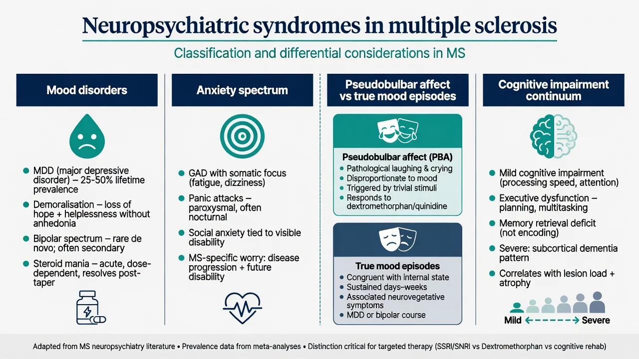 Classification diagram of mood disorders, anxiety, pseudobulbar affect, and cognitive impairment in multiple sclerosis