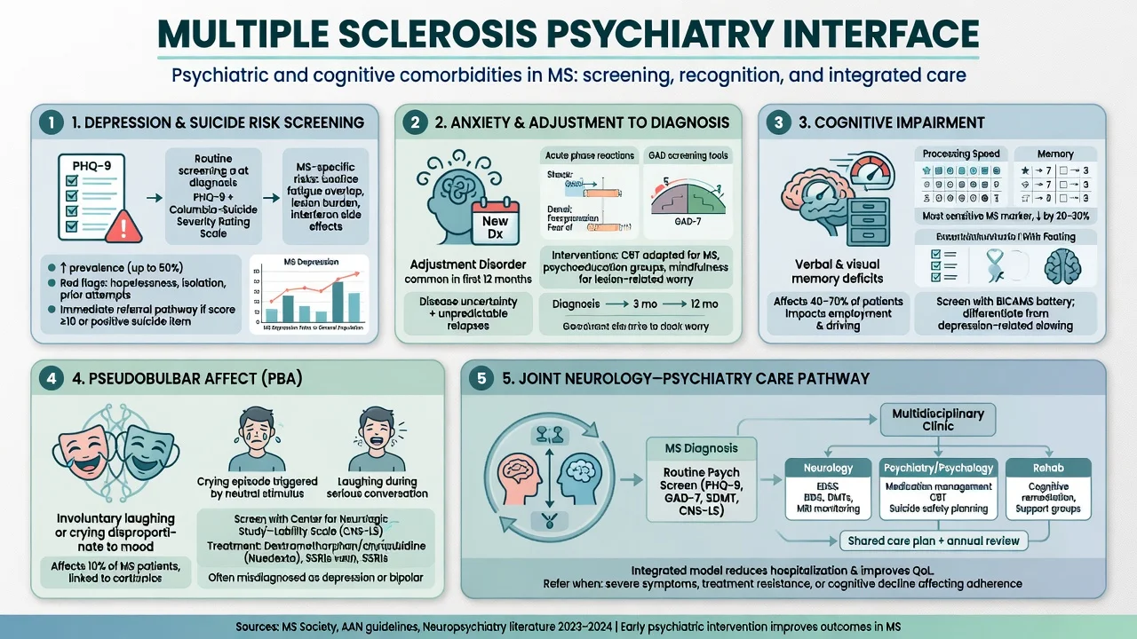 Educational overview of multiple sclerosis psychiatry interface with panels for depression, anxiety, cognition, pseudobulbar affect, and joint neurology care