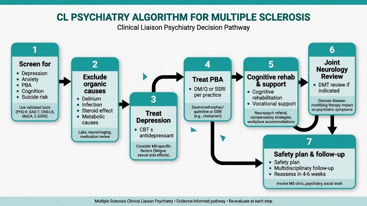 Consultation-liaison algorithm for multiple sclerosis psychiatry including suicide risk, depression treatment, PBA, and joint neurology review