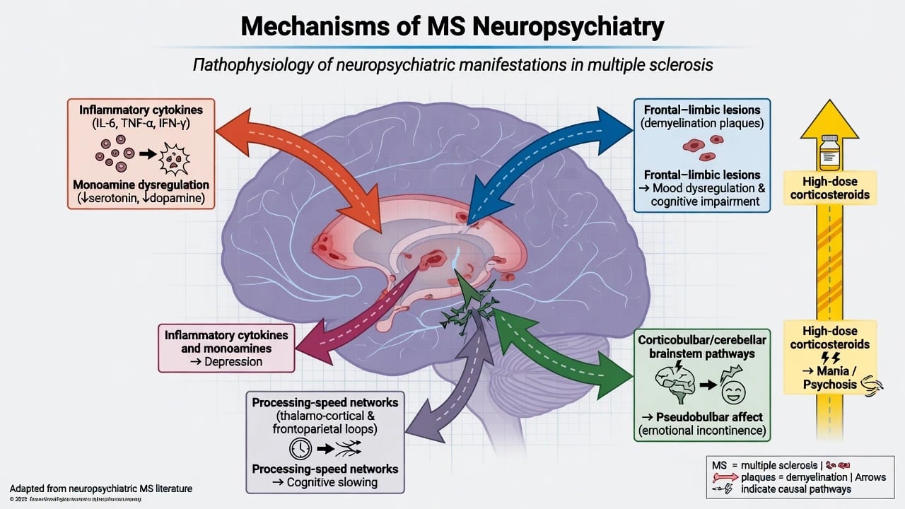 Pathophysiology diagram linking inflammatory and lesion mechanisms to depression, cognition, and pseudobulbar affect in multiple sclerosis