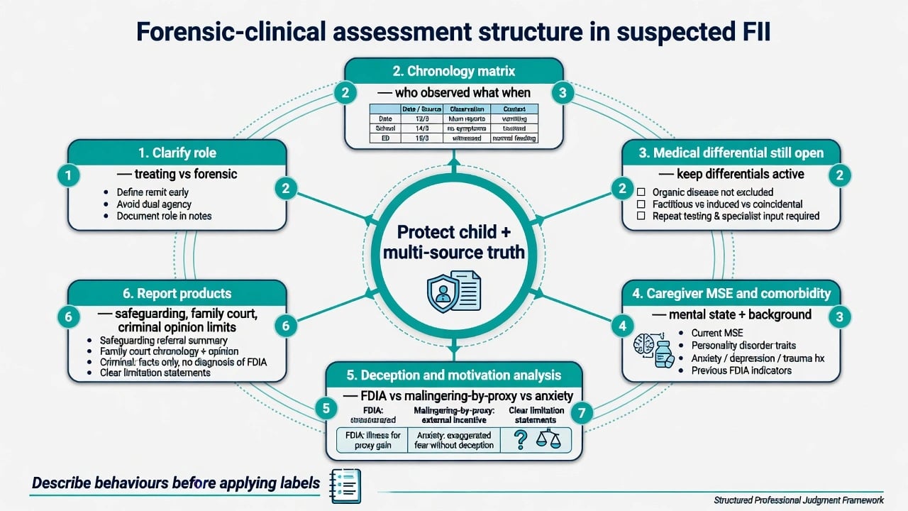Circular forensic-clinical assessment structure centred on protecting the child and multi-source truth with six surrounding assessment nodes