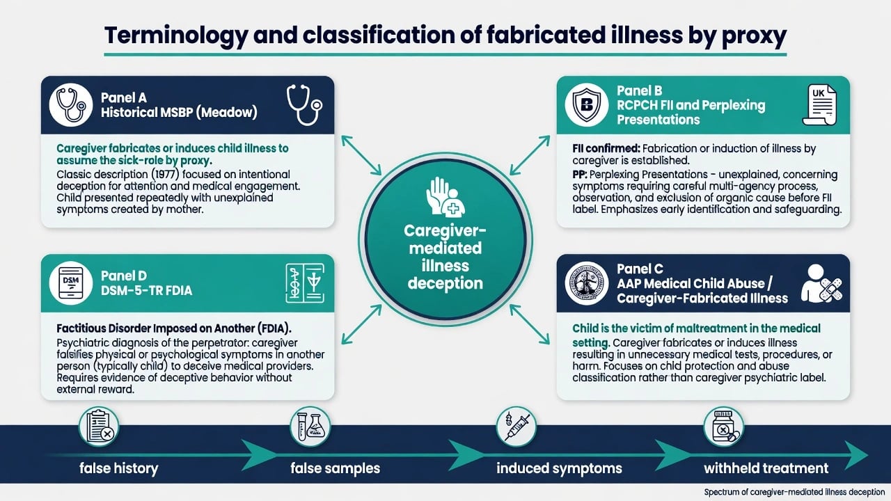 Hub-and-spoke terminology map linking historical MSBP, RCPCH FII and perplexing presentations, AAP medical child abuse, and DSM-5-TR FDIA with continuum from false history to withheld treatment