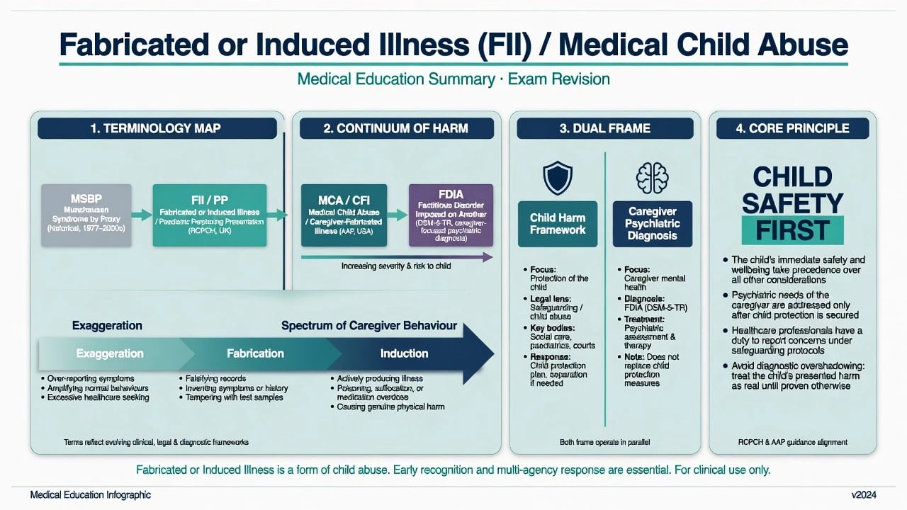 Four-pillar overview of fabricated or induced illness: terminology map, continuum of harm, dual child-harm versus caregiver-diagnosis frames, and child safety first