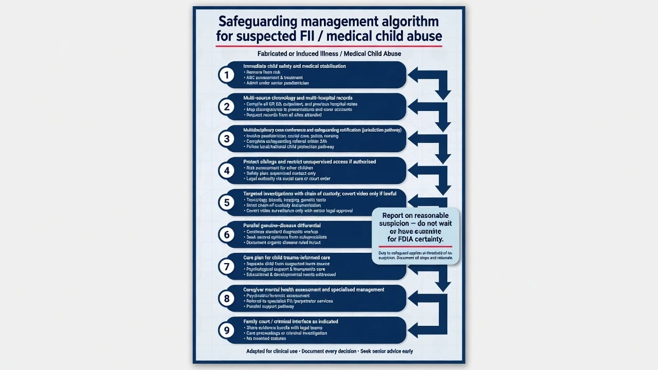 Nine-step safeguarding management algorithm from immediate child safety through multi-agency notification, investigations, child care plan, caregiver assessment, and court interfaces
