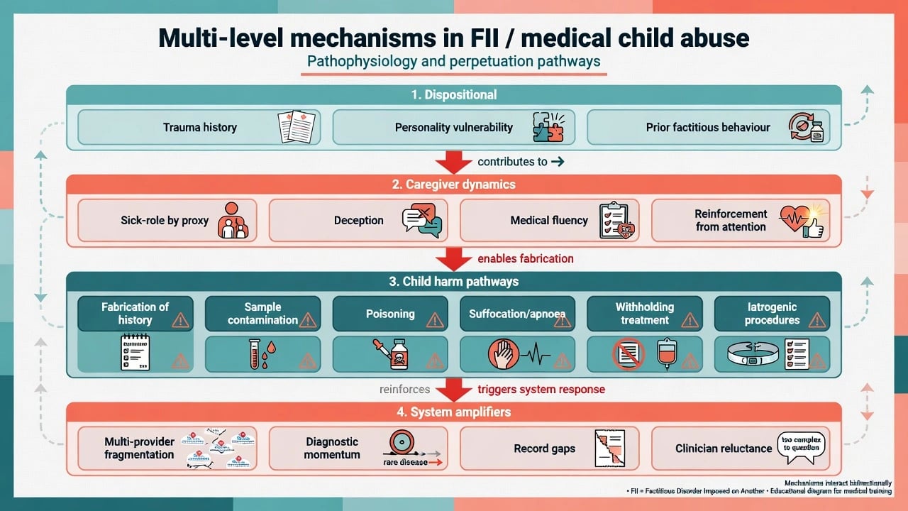 Four-layer mechanism model: dispositional vulnerability, caregiver dynamics, child harm pathways, and system amplifiers