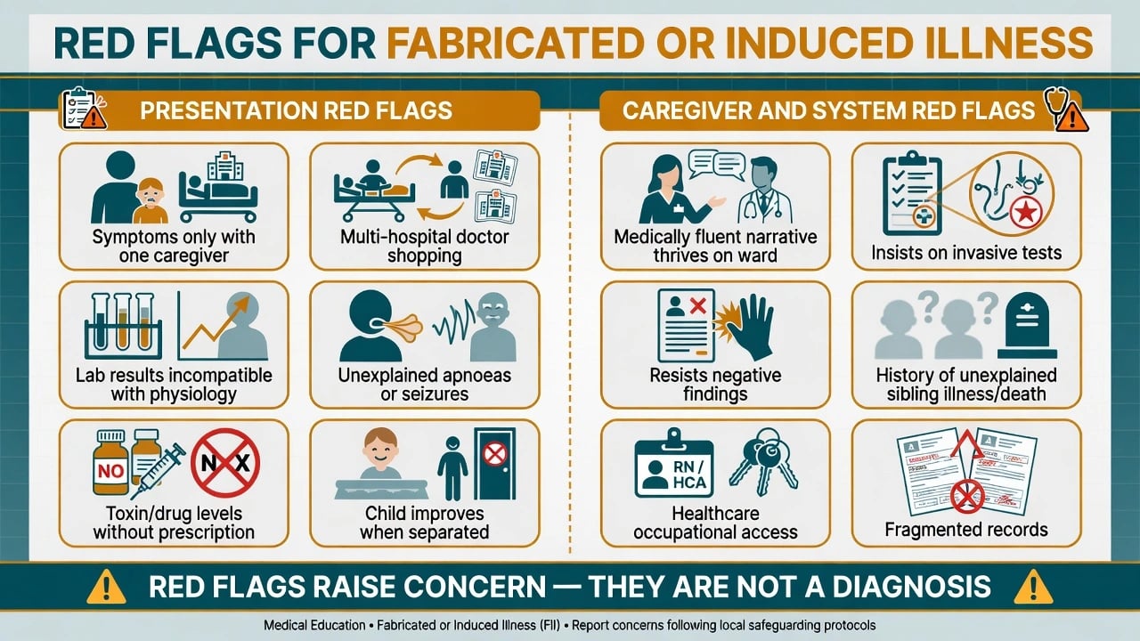 Two-column red flag poster for presentation features and caregiver or system features in fabricated or induced illness