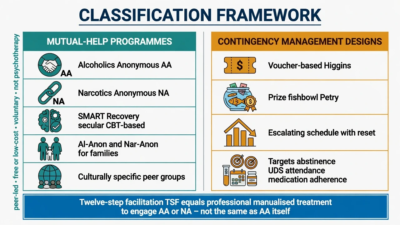 Classification of mutual-help fellowships versus contingency management designs including voucher prize and escalating schedules